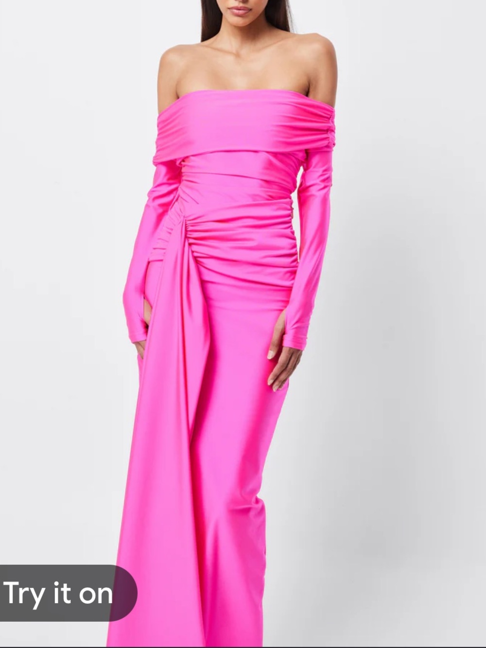 Mossman Off-the-Shoulder Ruched Stretch Satin Skirt and Top in Hot Pink